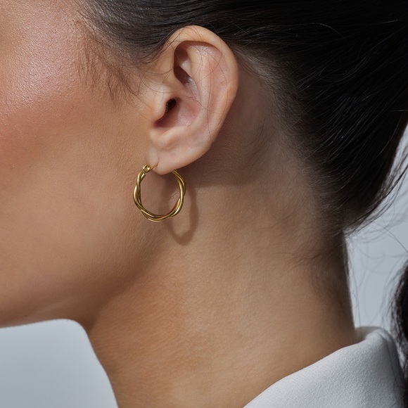 Gold Twist Hoop Earrings*Everyday Hoops*Waterproof and Sweatproof Jewelry - Picture 2 of 2